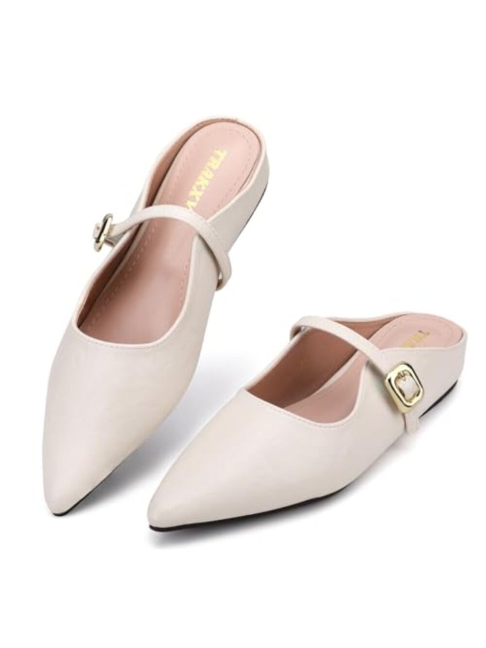 Faux Leather Buckle Mule Flats, Inner Height Increase, Non-Slip, Pointed Toe,
